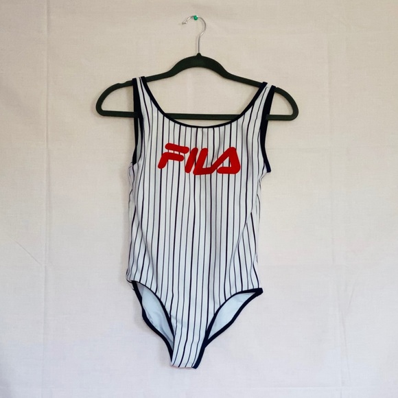 Blue and white striped fila one piece swim suit